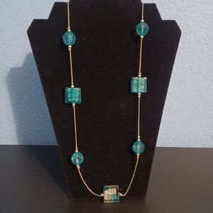 Silver-Toned Aqua Blue Fused Glass & Lucite Bead Statement Necklace, 24"
